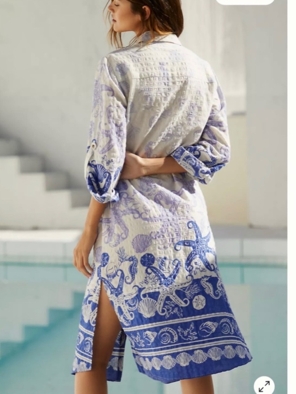 By Anthropologie Shell-Print Button Front Dress in White and Light Blue Small - Picture 2 of 13